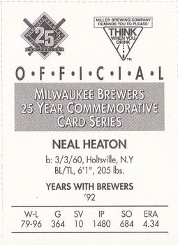 1994 Miller Brewing Milwaukee Brewers #NNO Neal Heaton Back