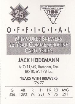 1994 Miller Brewing Milwaukee Brewers #NNO Jack Heidemann Back