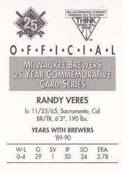 1994 Miller Brewing Milwaukee Brewers #NNO Randy Veres Back