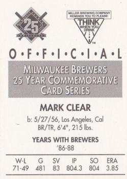 1994 Miller Brewing Milwaukee Brewers #NNO Mark Clear Back