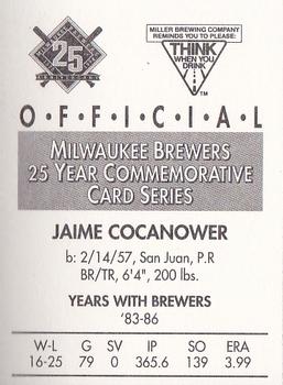 1994 Miller Brewing Milwaukee Brewers #NNO Jaime Cocanower Back