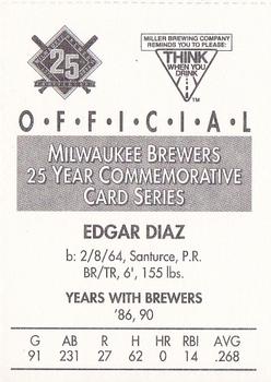 1994 Miller Brewing Milwaukee Brewers #NNO Edgar Diaz Back