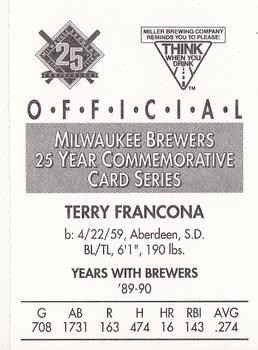 1994 Miller Brewing Milwaukee Brewers #NNO Terry Francona Back