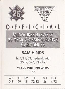 1994 Miller Brewing Milwaukee Brewers #NNO Sam Hinds Back