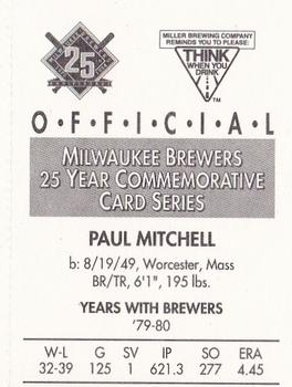 1994 Miller Brewing Milwaukee Brewers #NNO Paul Mitchell Back