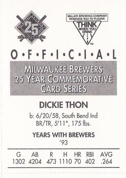 1994 Miller Brewing Milwaukee Brewers #NNO Dickie Thon Back