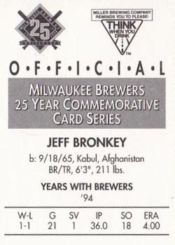 1994 Miller Brewing Milwaukee Brewers #NNO Jeff Bronkey Back