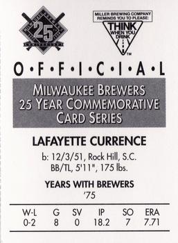 1994 Miller Brewing Milwaukee Brewers #NNO Lafayette Currence Back