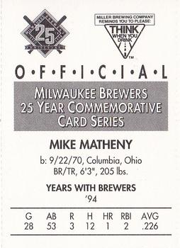 1994 Miller Brewing Milwaukee Brewers #NNO Mike Matheny Back