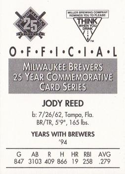 1994 Miller Brewing Milwaukee Brewers #NNO Jody Reed Back