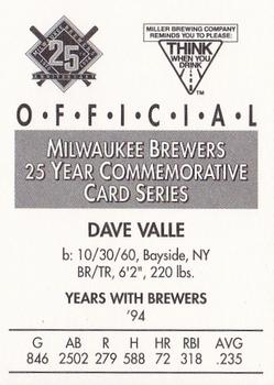 1994 Miller Brewing Milwaukee Brewers #NNO Dave Valle Back