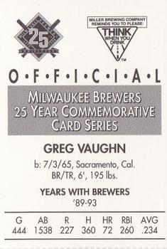 1994 Miller Brewing Milwaukee Brewers #NNO Greg Vaughn Back