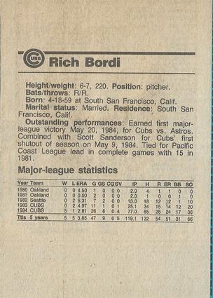 1984 Chicago Tribune Chicago Cubs #NNO Rich Bordi Back