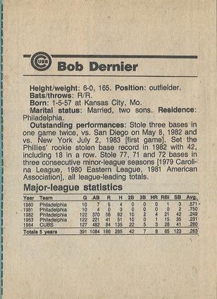 1984 Chicago Tribune Chicago Cubs #NNO Bob Dernier Back