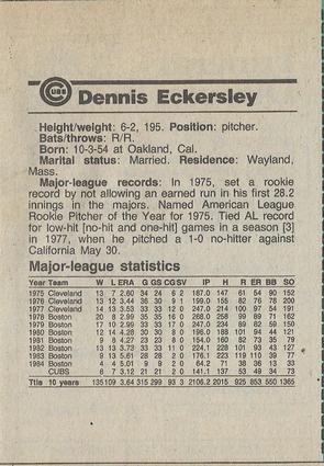 1984 Chicago Tribune Chicago Cubs #NNO Dennis Eckersley Back