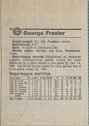1984 Chicago Tribune Chicago Cubs #NNO George Frazier Back
