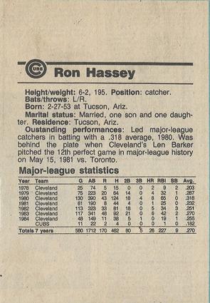 1984 Chicago Tribune Chicago Cubs #NNO Ron Hassey Back