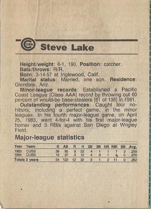 1984 Chicago Tribune Chicago Cubs #NNO Steve Lake Back