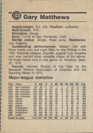 1984 Chicago Tribune Chicago Cubs #NNO Gary Matthews Back