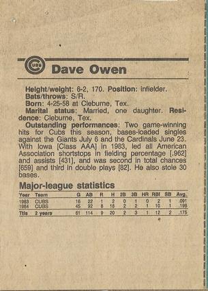 1984 Chicago Tribune Chicago Cubs #NNO Dave Owen Back