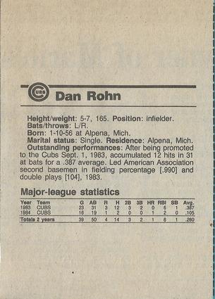 1984 Chicago Tribune Chicago Cubs #NNO Dan Rohn Back