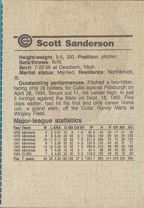 1984 Chicago Tribune Chicago Cubs #NNO Scott Sanderson Back