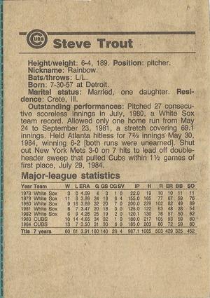 1984 Chicago Tribune Chicago Cubs #NNO Steve Trout Back