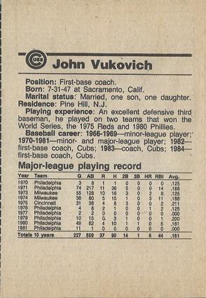 1984 Chicago Tribune Chicago Cubs #NNO John Vukovich Back