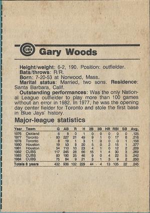 1984 Chicago Tribune Chicago Cubs #NNO Gary Woods Back
