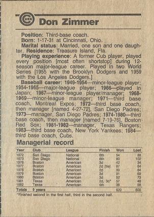 1984 Chicago Tribune Chicago Cubs #NNO Don Zimmer Back