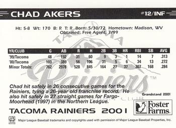 2001 Grandstand Tacoma Rainiers #NNO Chad Akers Back