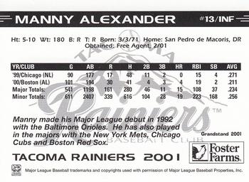 2001 Grandstand Tacoma Rainiers #NNO Manny Alexander Back
