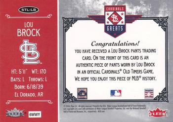 2006 Fleer Greats of the Game - Cardinals Greats Memorabilia #STL-LB Lou Brock Back