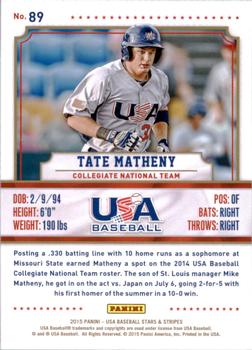 2015 Panini USA Baseball Stars & Stripes #89 Tate Matheny Back