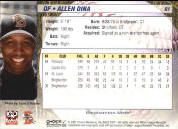 2001 Choice Binghamton Mets #01 Allen Dina Back
