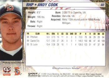 2001 Choice Binghamton Mets #02 Andy Cook Back