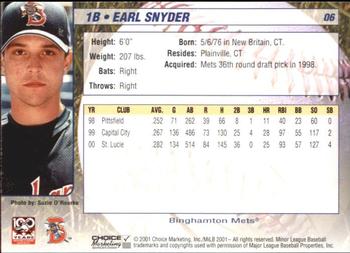 2001 Choice Binghamton Mets #06 Earl Snyder Back