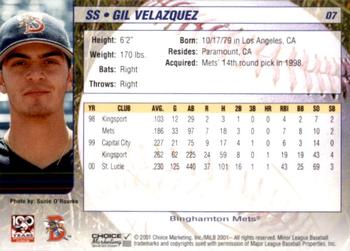 2001 Choice Binghamton Mets #07 Gil Velazquez Back