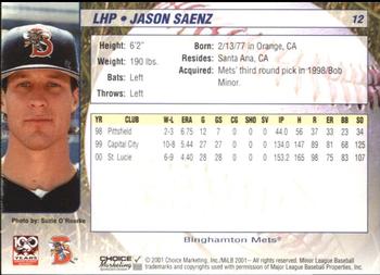 2001 Choice Binghamton Mets #12 Jason Saenz Back
