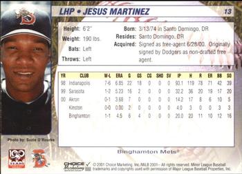 2001 Choice Binghamton Mets #13 Jesus Martinez Back