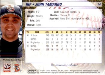 2001 Choice Binghamton Mets #14 John Tamargo Back