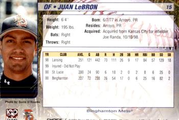 2001 Choice Binghamton Mets #15 Juan LeBron Back