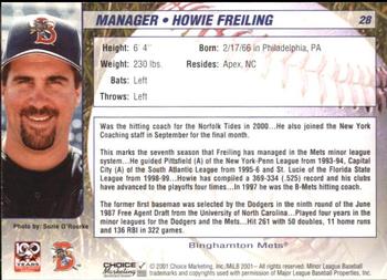 2001 Choice Binghamton Mets #28 Howie Freiling Back