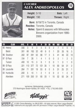 2001 Choice Buffalo Bisons #15 Alex Andreopoulos Back