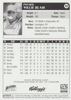 2001 Choice Buffalo Bisons #03 Willie Blair Back