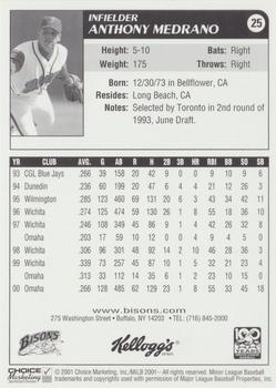 2001 Choice Buffalo Bisons #25 Anthony Medrano Back