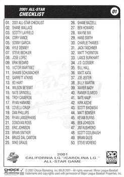 2001 Choice California-Carolina League All-Stars #01 All-Star Checklist Back