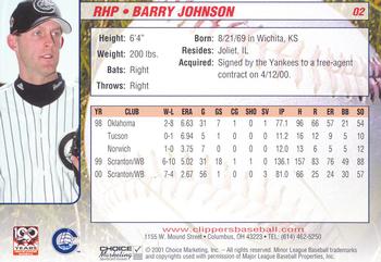 2001 Choice Columbus Clippers #02 Barry Johnson Back