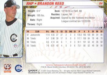 2001 Choice Columbus Clippers #04 Brandon Reed Back