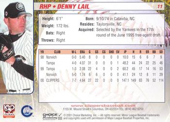 2001 Choice Columbus Clippers #11 Denny Lail Back